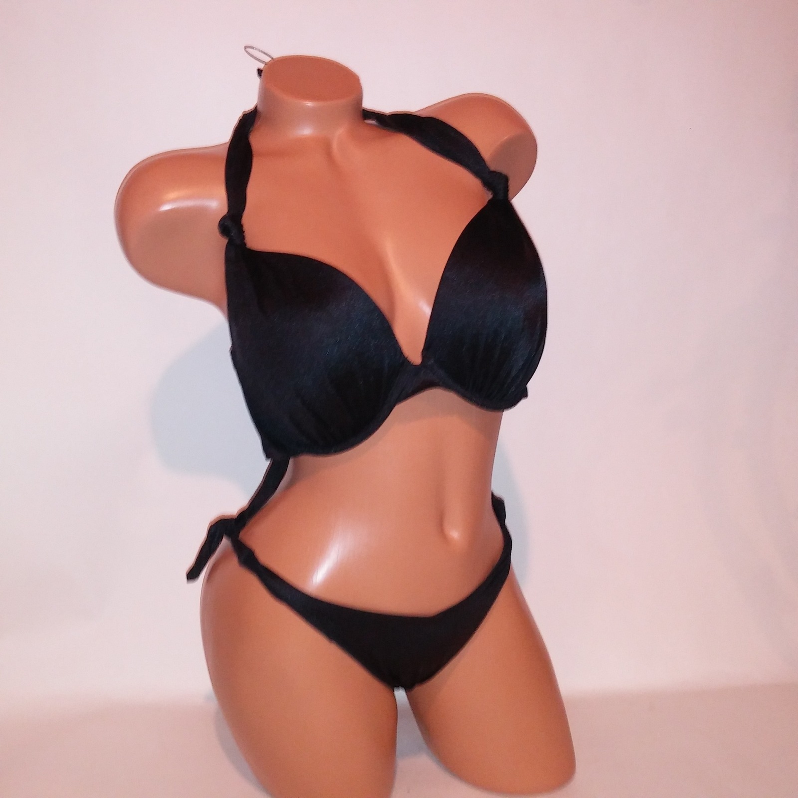 Victoria Secret Swim Bikini 34ddd Top Small Bottom Push Up Black Solid Shimmer